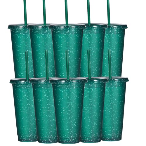 Suertestarry Tumbler with Straw and Lid,Water Bottle Iced Coffee Travel Mug Cup,Reusable Plastic Cups,Perfect for Parties,Birthdays,24oz-5 Pack (Dark Green, 10 pack)