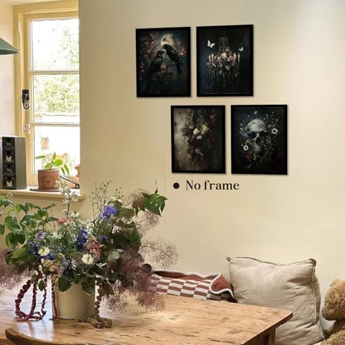 Image of WEFKODO Vintage Dark Academia Gothic Wall Decor, Vintage Moody Gothic Wall Art for Home Bedroom Bathroom Living Room Dorm College, Crow Skull Flower Goth Room Decor Posters Prints 4Pcs, 8x10 Unframed