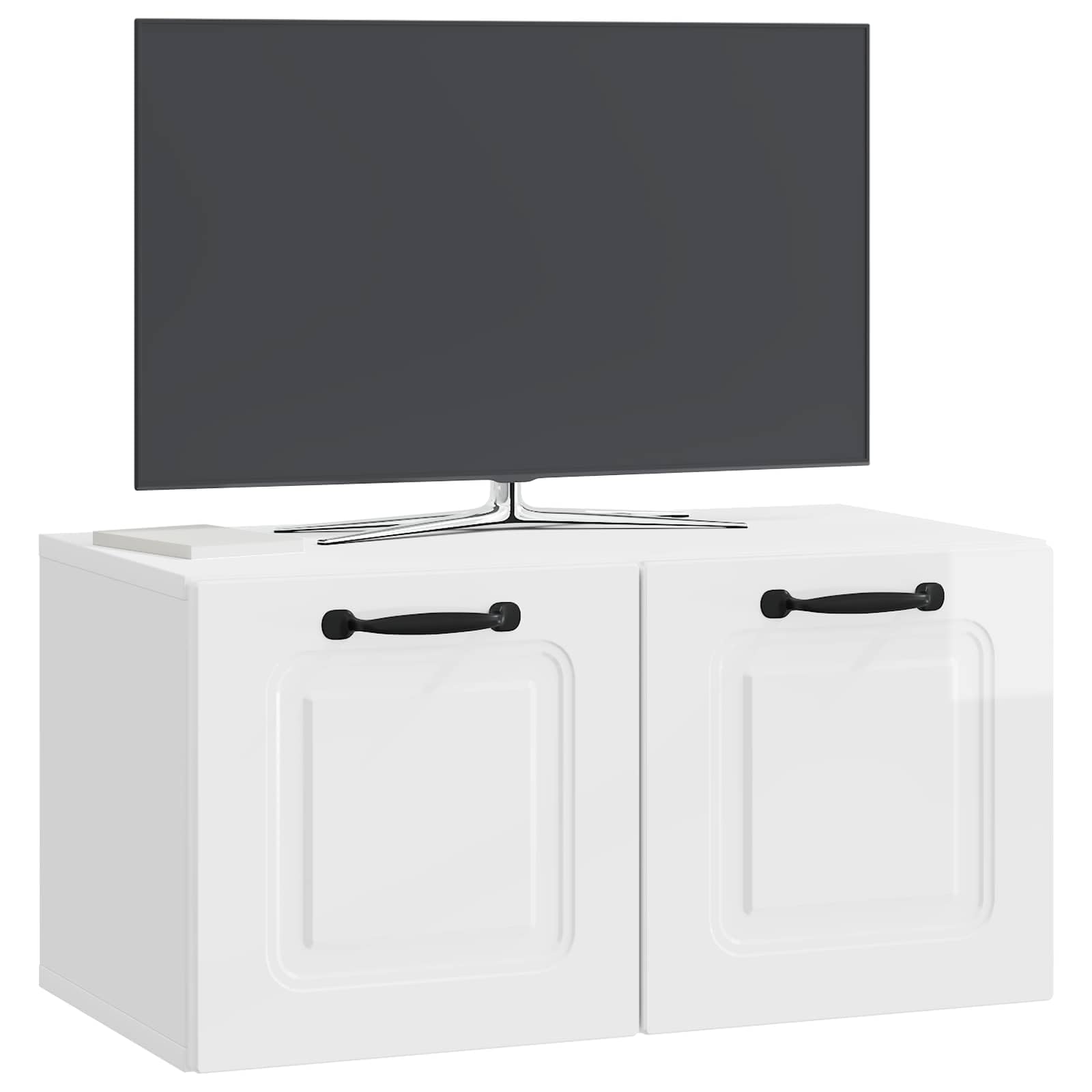 Mobile Porta TV da Muro Bianco Lucido in Legno Ingenerizzato 59,5 x 31 x 30 cm con Scomparti e Ripiani, Supporto TV Sospeso per Soggiorno, Consolle Salvaspazio con Passacavo e Anta