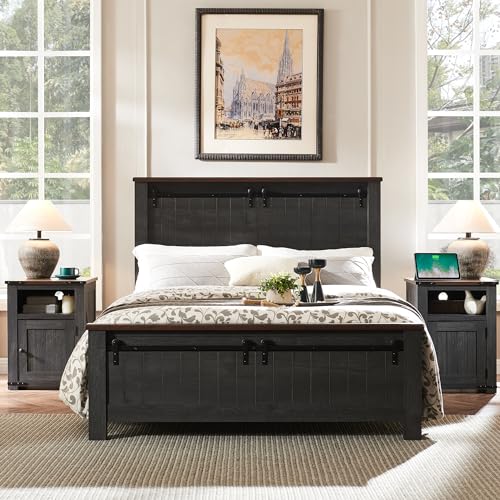 Image of IFGET Farmhouse Full Size Bed Frame with 47 inch Headboard, Wood Bed Frame with Groove Sliding Barn Door Footboard, Platform Bed with Wood Slats Support, No Box Spring Needed (Dark Grey)