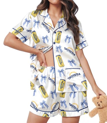 Image of HUNTFAMI Women Silky 2 Pcs Satin Pajama Set Long Sleeve Button Down