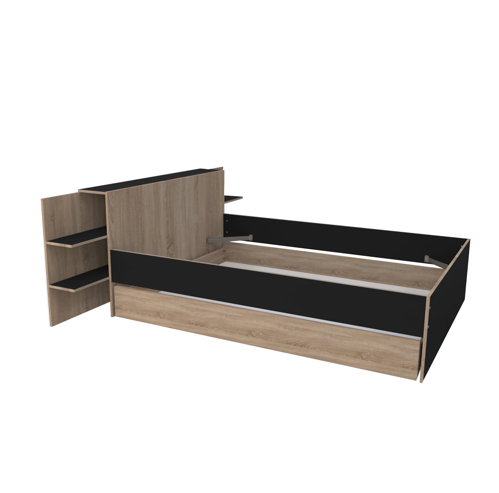 WEBER INDUSTRIES Lit City 140x190 + tête de lit Chevet+ 1 tiroir/Décor Noir & chêne Blanchi
