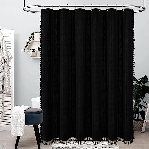 Image of BTTN Boho Shower Stall Curtain - 36x72 Narrow Linen Ultra Thick Tassel Fabric Shower Curtain Set with 6 Plastic Hooks, Half Modern Farmhouse Country Weighted Shower Curtains for Bathroom - Black