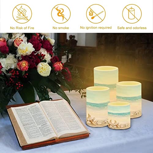 Image of Flickering Flameless LED Pillar Candles with 18-Key Remote Battery Operated Color Changing Tea Lights Fake Candles, Set of 4, Beach Starfish Blue