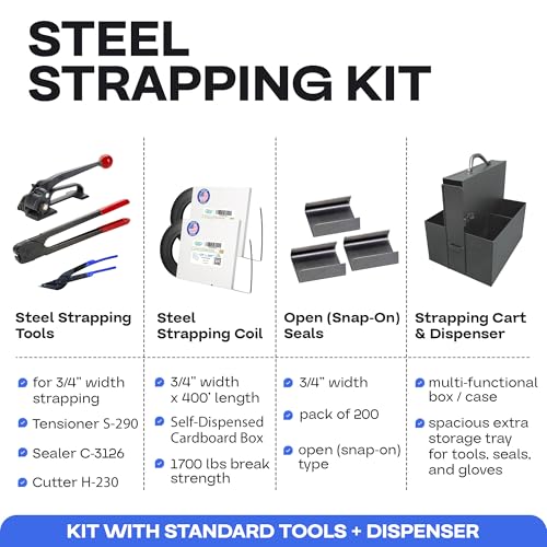 Image of IDL Packaging Portable 3 /4 inch x 400' Steel Strapping Kit, 1700 lbs Break Strength - Full Packaging Strapping Solution - Standard Banding Kit - Enough Strapping and Seals for 200 Uses Before Refill