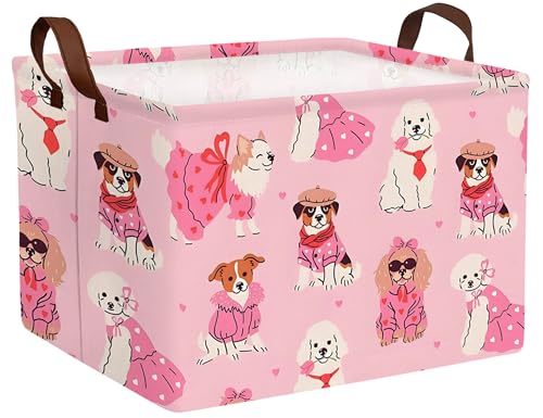 Image of Pink Dog Toy Basket Collapsible Puppy Bin Storage Organizer Large Pet Box With Handles (Girl Dog)