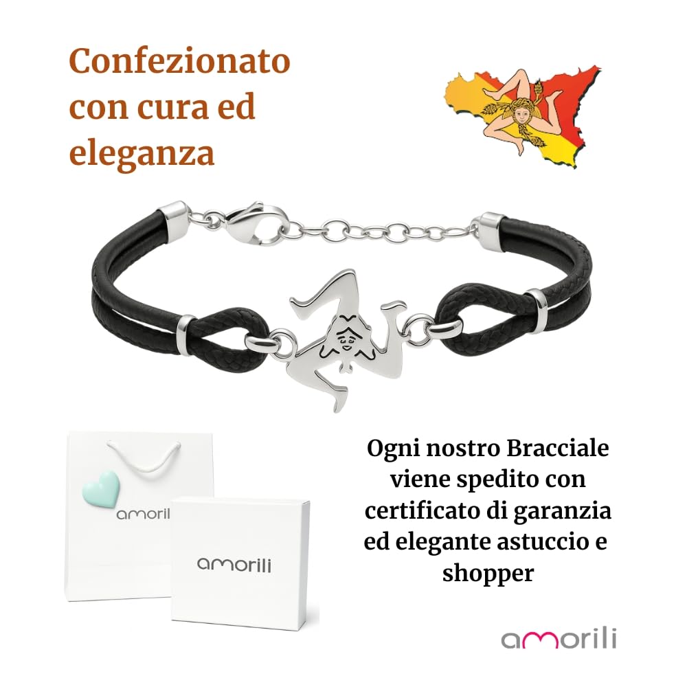 Bracciale Trinacria Siciliana Uomo Donna | Simbolo Sicilia in Acciaio Inox e Corda Nautica | Gioiello Artigianale Siciliano | Idea Regalo per Amanti della Sicilia