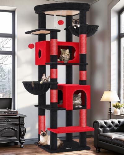 Image of Globlazer Gothic Heavy Duty Cat Tree, 74in Sturdy Goth Cat Tower for Large Cats Adult Big Cat Tree with 7 Scratching Posts, 2 Padded Spacious Condos, 2 Hanging Baskets, Enlarged Perch, S74, Red Black