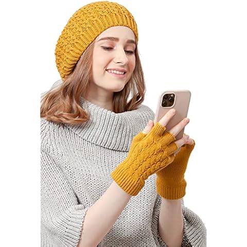 BYOS Women's All Season Chic Cable Soft Knit Beret Hat & Fingerless Half Finger Gloves Set, Mustard Thin Cable Knit Beret & Gloves Set, One Size Cover