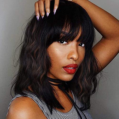 Lativ Short Wigs with Bangs for Women Black Mixed Brown Wavy Synthetic Wig Curly Bob Wig Natural Looking Wigs for Daily Party Cosplay Use (T2-30)
