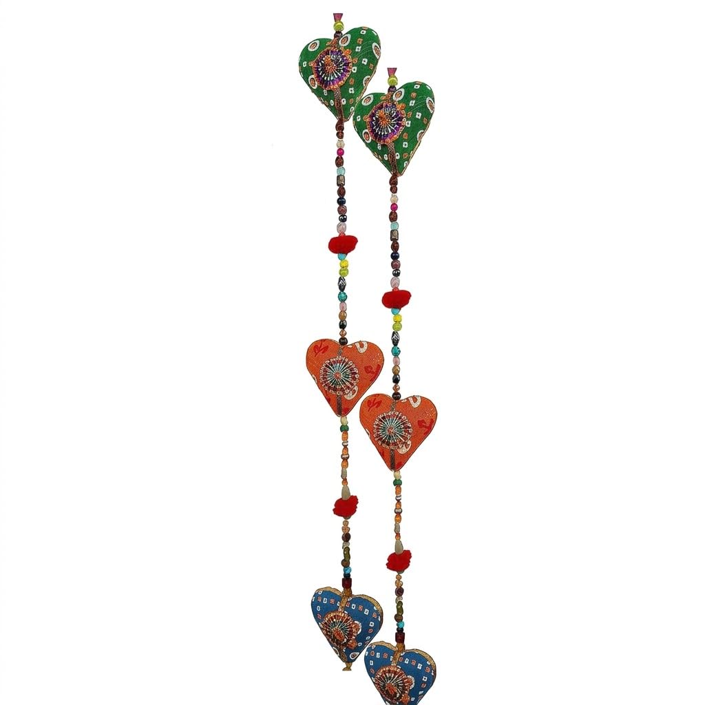 Rastogi Handicrafts Multicolored Rastogi Handicrtafts Door Hanging Decorative Cotton Heart In Vibrant Color Stringed With Beads And Bell Traditional Indian Hanging Decoration 2 Layer