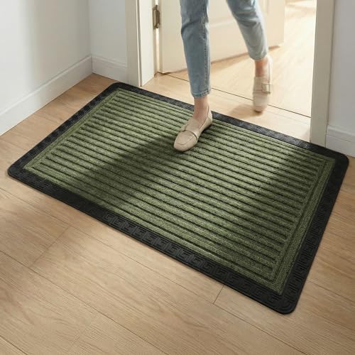 Image of Yellow Weaves Large Size (60x90 cm) Door Mat for Home Entrance, Outdoor Rubber Mat - Non-Slip, Anti Skid Foot Mat, Dirt Trapper, Heavy-Duty, Waterproof Doormat (Stripe Design, Olive Green Color)
