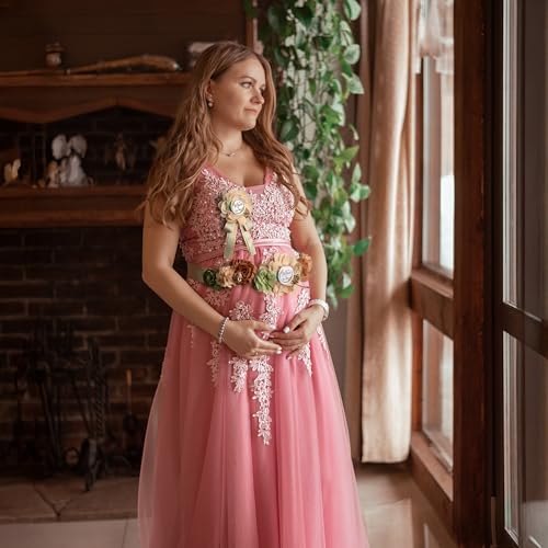 Image of Baby Shower Maternity Sash Belly Belt-Pink Flower Sash Set Mom to Be & Dad to Be Corsage Pins for Gender Reveal