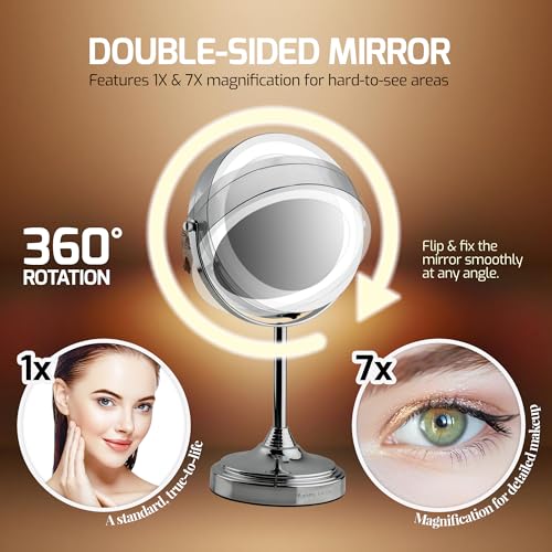 Image of OVENTE 7'' Lighted Magnifying Makeup Mirror, Polished Chrome MCT70CH1X7X | Cordless Tabletop Vanity Mirror with 1X /7X Magnification, Battery Operated, 360 Swivel Design, Cool-Tone LED Lights