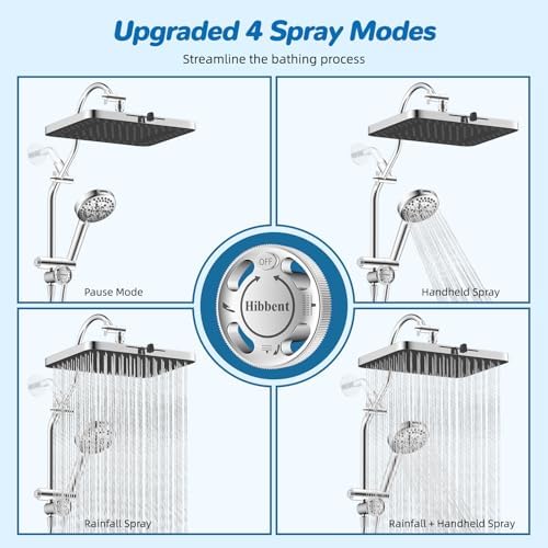 Hibbent cUPC Certified 13'' Shower Head Combo, High Pressure 5 Spray Rainfall Showerhead, 10 Spray Mode Handheld, All Metal Easy Reach 4-Way Diverter Arm with Pause Mode, 71'' Hose and Holder, Chrome - 3