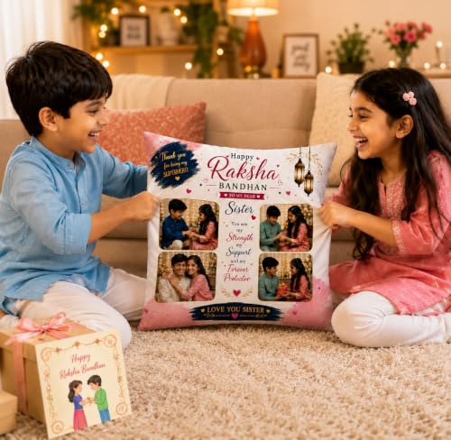 Image of Personalized Photo Pillow 12x12 Inch Cushion with Cover & Filler - Custom Gift for Birthday, Anniversary, Couple, Girlfriend, Boyfriend, Husband, Wife, Friends. (RakhiPilow-05)