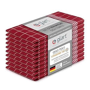 Glart 48RI2 Set of 10 Kitchen Towels 50×70 cm made of 100% Cotton in red, OEKO-TEX Standard 100 certified, lint-free, washable, prewashed for kitchen and dishwashing.