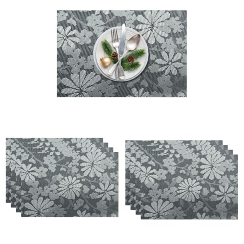 Image of YELONA Placemats for Dining Table - Heat Resistant, Non-Slip & Washable PVC Vinyl Table Mats - Set of 8, 45 x 30 cm (Grey & White)