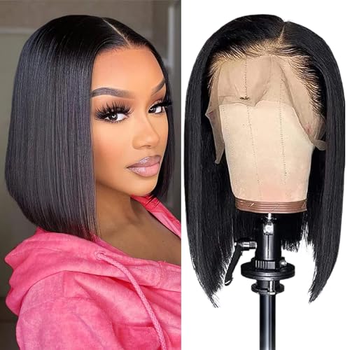 Bob Wigs Lace Front Human Hair Wig 13x4 Lace Front Wigs Brazilian Straight Bob Wig Human Hair Bob Lace Front Wigs 180% Density Short Bob Wigs for Black Women Natural Colour (16 inch)