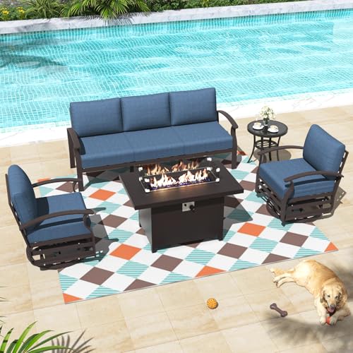 ALAULM Aluminum Patio Furniture Set with Propane Fire Pit Table 5-seat Metal Outdoor Furniture w/Fire Pit Patio Sectional Sofas w/5.3