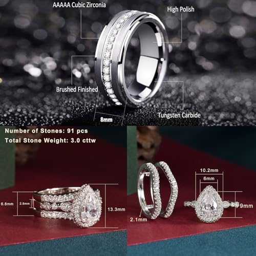 Newshe Jewellery Wedding Ring Sets for Him and Her AAAAA Cz Promise Rings for Couples Women Mens Band Pear Shape Size 5-134