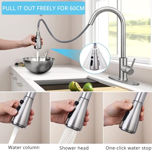 Image of Kitchen Faucet with Pull Down Sprayer Multitask Mode Single Handle High Arc Pull Out Kitchen Sink Faucet Offers Efficient Cleaning for RV (Silver)