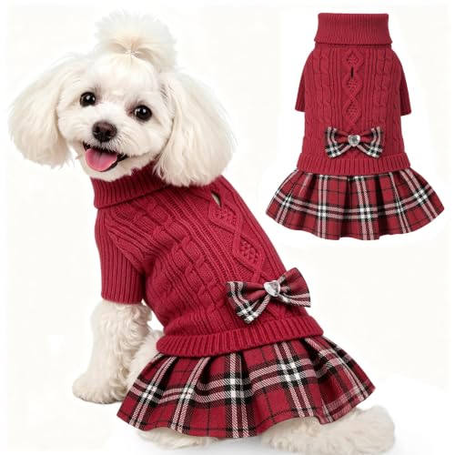 Image of YUDODO Small Dog Sweater Dress with Bowtie Turtleneck Knitted Pet Clothes