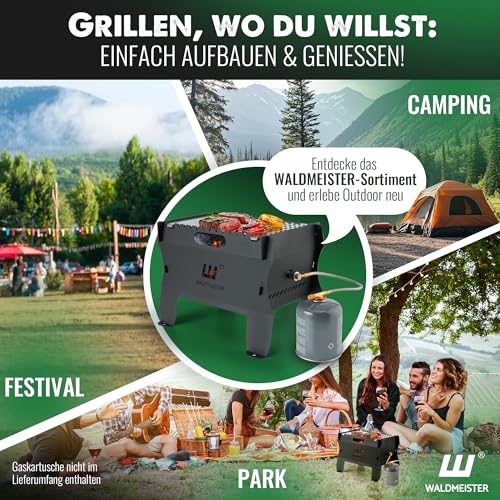 WALDMEISTER BruzzLee mobiler Gasgrill klein [Super-Set] Mini Plancha Grill | Campinggrill klein | Tischgrill | steckbar, leicht und tragbar - perfekt für unterwegs