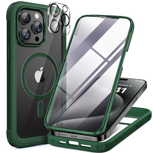 Image of Miracase Magnetic for iPhone 12 Pro Max Case [Compatible with MagSafe] Full-Body Phone case with Built-in Glass Screen Protector& Camera Protector, Military Drop Proof 12 Pro Max Cover, Green
