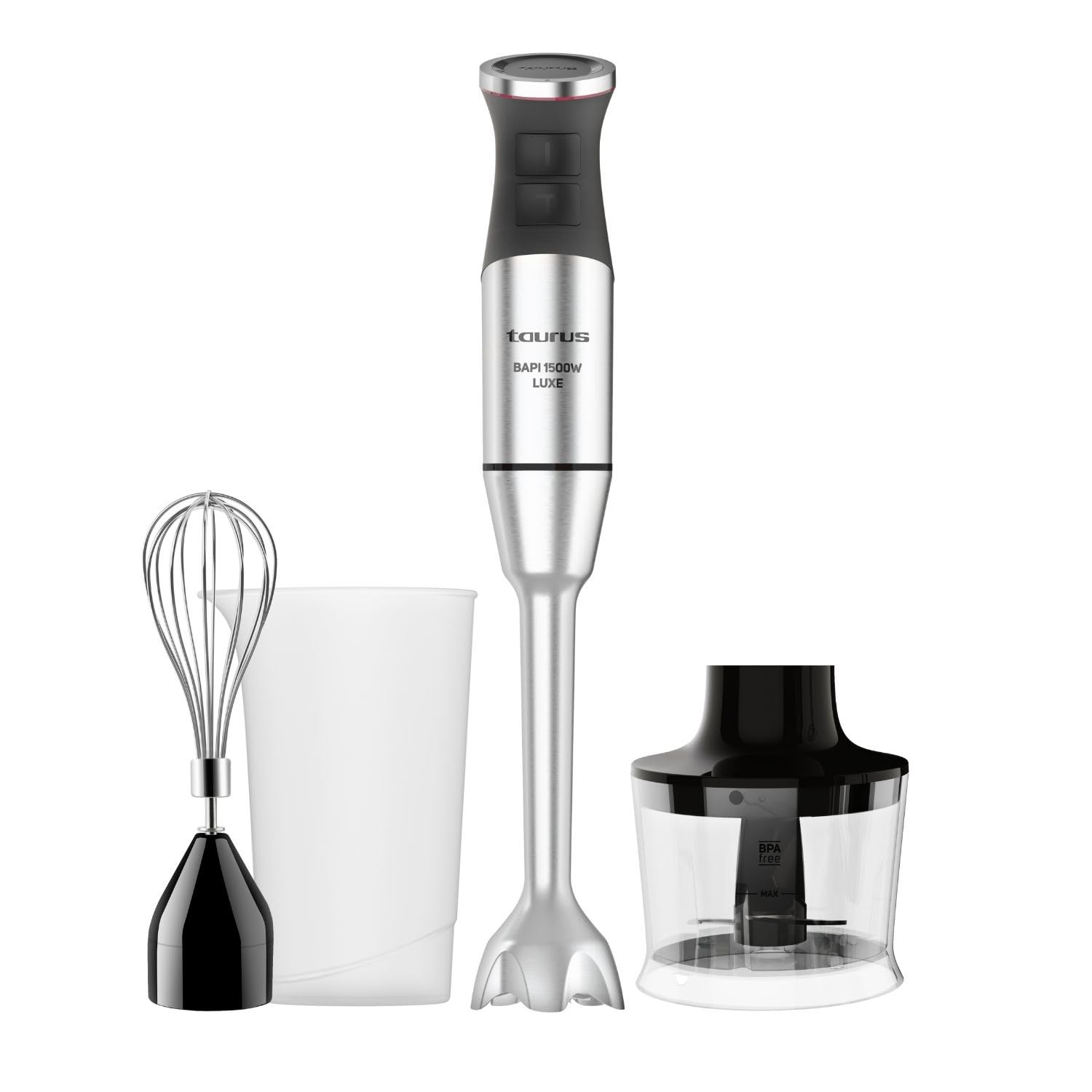 Taurus – Batidora de Mano 1500W | 20 velocidades + TURBO| Cuchillas Inox| Campana Antisalpicaduras| Ergonómica| Libre BPA| Apta Lavavajillas| Pica Hielo | 3 Accesorios