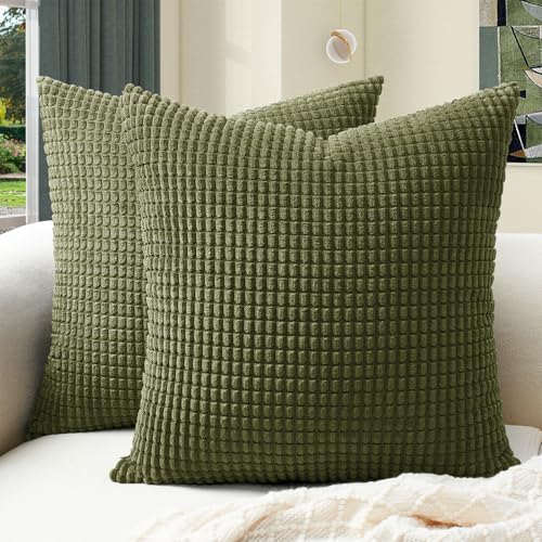 Softalker 2 Pack Corduroy Decorative Throw Pillow Covers 18x18, Olive Green