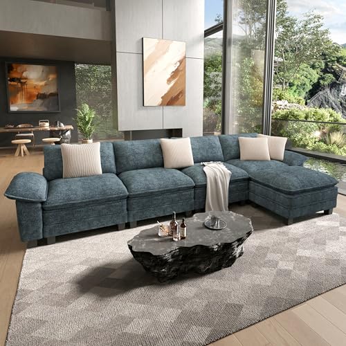 HERA'S HOUSE 158" L Shaped Modern Cloud Sofa Modular Sectional Couch with Removable Arms, 5-Seat with Ottoman Chenille Deep Seat for Living Room, Bedroom, Apartment