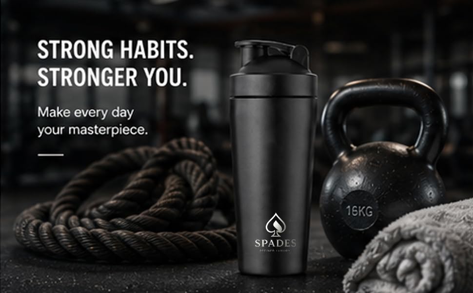 Image of SPADES Stainless Steel Gym Shaker Bottle 750ml with Mixing Ball | Leakproof Protein Shaker for Gym, Wide Mouth, Leckproof, Measurement Markings, Sipper Cap | Metal Shaker for Men (Black /P1)