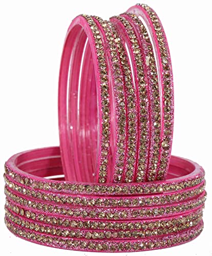 Image of NMII Glass with Zircon Gemstone and Beads Studdded Glossy Finished Traditional Bangle Set For Women and Girls