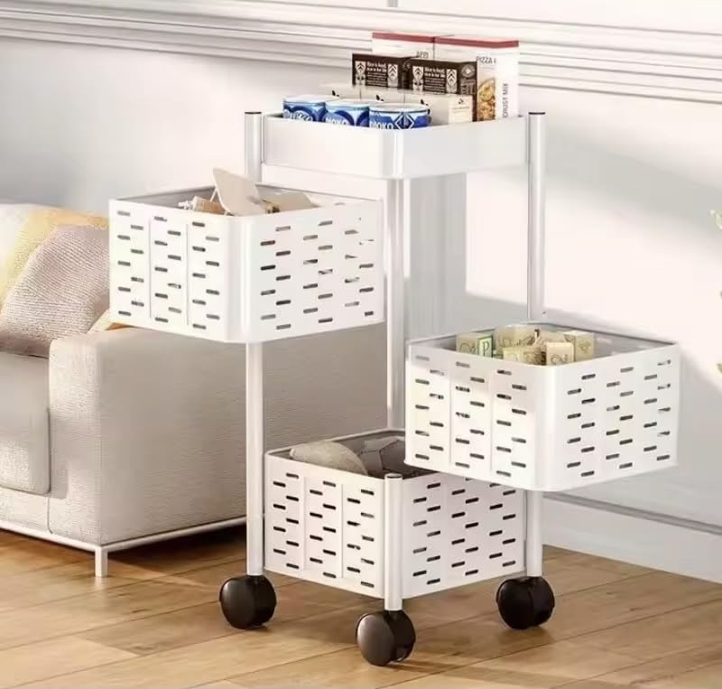 Image of 3-Tier Kitchen Carbon Steel Storage Rack - White | Durable & Sturdy Cart Organizer for Home & Kitchen | Vegetable, Fruits & Pantry Corner Rack | Multi-Layer Rack with Wheels