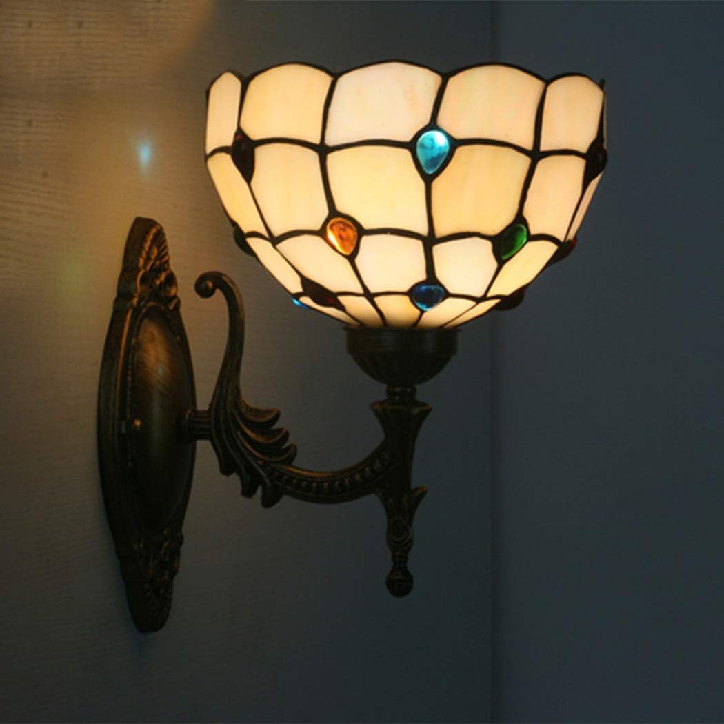 Glass Wall Light Art Tiffany Style Wall Lamp LED Sconces Antique Metal Base for Bedroom Hallway,H
