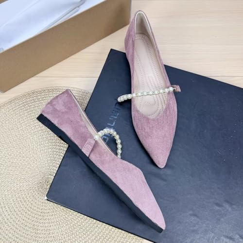 ChaiRong Zhou Women Elegant Pearl Ankle Strap Suede Mary Jane Flats Pointed Toe Lightweight Ballet Party Dress Shoes3