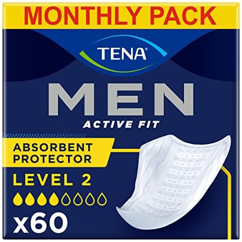 TENA Men Absorbent Protector Incontinence Pads, Level 2, 60 Incontinence Pads (10 x 6 packs) for Men of All Ages, Cup-Shaped for Medium Bladder Weakness, Urine Leakage and Drips Cover