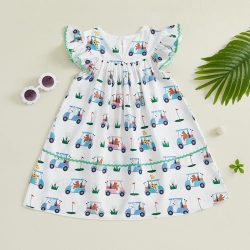 Eadrioss Toddler Little Girls Summer Sweet Dress Flying Sleeve Round Neck Golf Cart Print A-line Dresses3