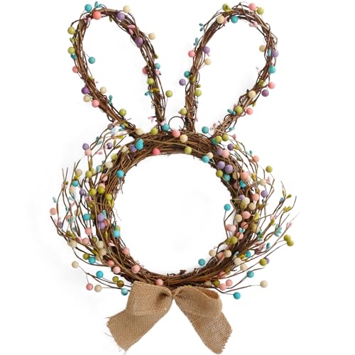 TEMPUS Easter Bunny Wreath for Front Door, 16.5 Inch Spring Rabbit Wreath with Blossom Flowers & Berries, Handmade Foam Bunny Door Hanger, Easter Decorations for Home Outdoor Indoor