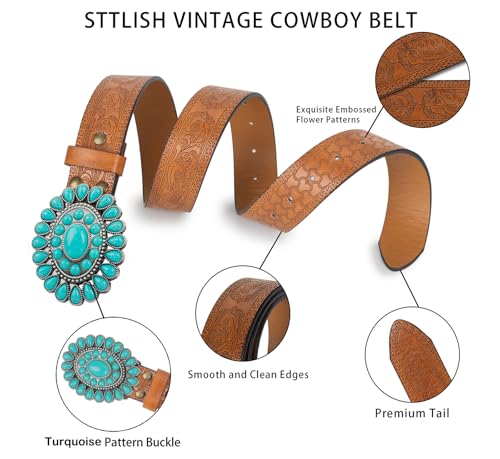Women's Western-Turquoise-Cowboy-Belt - Vintage-Embossed-Cowgirl-Waist-Belt with Turquoise-Buckle for 28-38''waist3