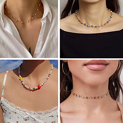 If You Beaded Zinc Choker Necklace Set, 9 Pcs Boho Cute Colorful Seed Beads Necklace, Gold Pearl Chain Necklace Pack, Evil Eye Flower Handmade Y2K Necklace For Women Teen Girls #TOP3