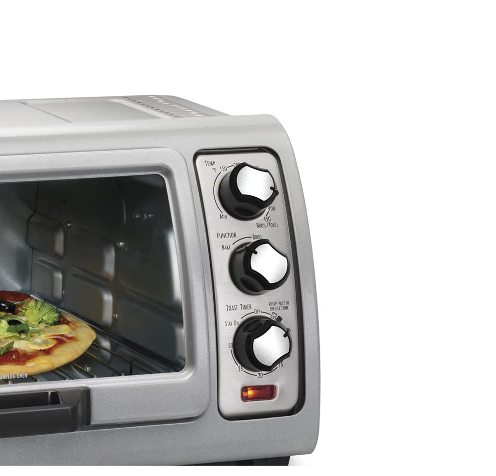 Hamilton Beach Easy Reach - Four grille-pain de comptoir 4 tranches avec porte enroulable, 1200 watts, convient aux pizzas de 9 po, 3 fonctions de cuisson pour cuire au four, griller et