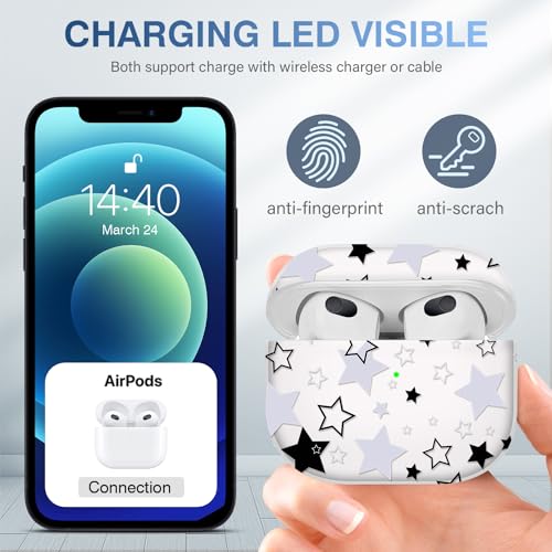 Image of Compatible with Airpods 3rd Generation Case with Lanyard,Airpods Case Portable & Shockproof for Women Men,Black and White Five-Pointed Star