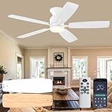 KNUN 52 Inch Ceiling Fans with Lights，Flush Mount Ceiling Fan with Remote/APP Control, 3CCT Dimmable, Double-Sided Blades, Reversible Motor, Low Profile Ceiling Fans for Living Room Bedroom（White）