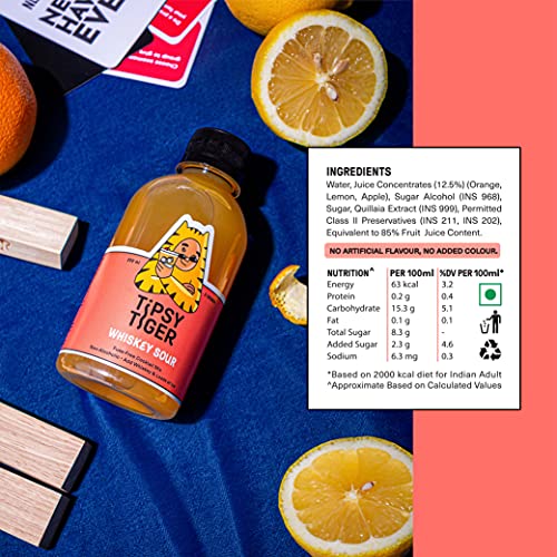 Image of Tipsy Tiger Whiskey Sour, Whiskey Cocktail Mixer, Makes 6 Drinks, Less Than 5% added Sugar, 250ml (Pack of 3 bottles), Fuss Free- Just add Ice and Alcohol