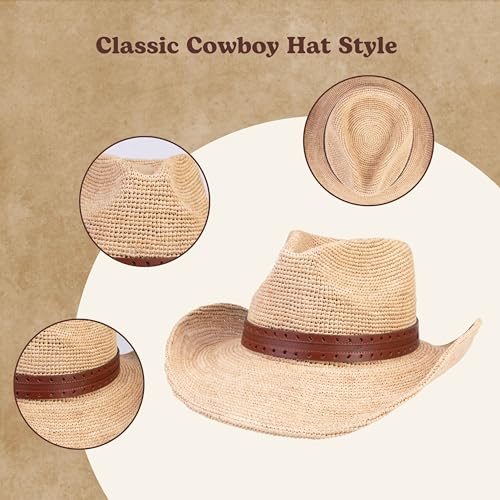 Image of Straw Cowboy Hats Cowgirl Hat Western Cowboy Hat Rancher Hat for Men Women, Exquisite Decoration Band