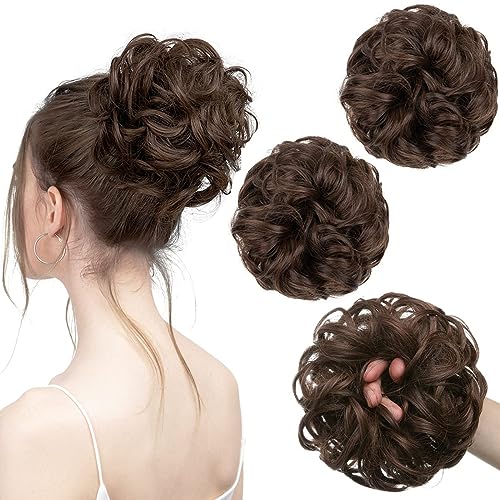 PORSMEER 2 Pack Messy Hair Buns Extensions Curly Wavy Synthetic Donut Updo Hair Pieces Easy Scrunchies Medium Brown