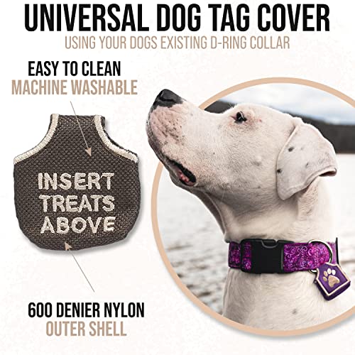 Woofhoof Dog Tag Silencer, Brown Insert Treats Above - Quiet Noisy Pet Tags - Fits Up To Four Pet Ids - Dog Tag Cover Protects Metal Pet Ids, Made Of Durable Nylon, Universal Fit, Machine Washable #TOP2