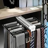 22 Arms Steel Slide Out Pants Rack Closet Pants Hanger Bar Pull Out Trousers Rack Tie Belts Scarf Racks, Top Mounted Wardrobe Clothes Organizers Rail Pull Out Closet Storage Rod-Black